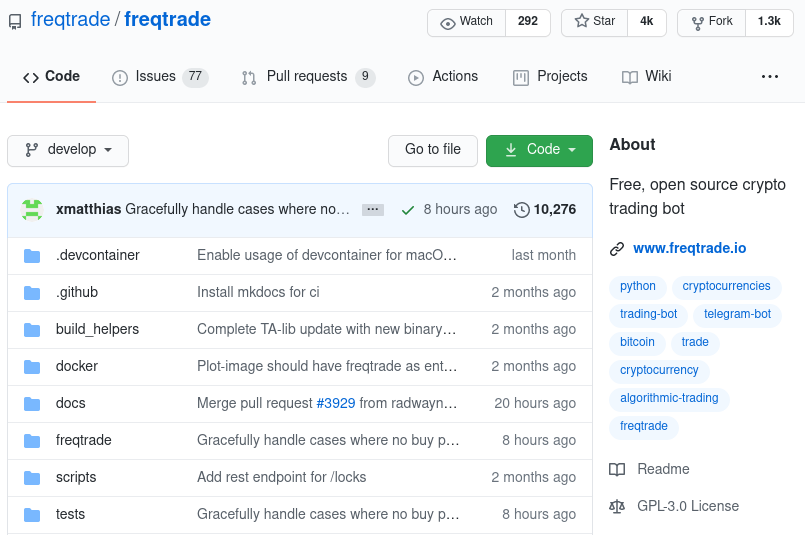 Le code source de Freqtrade, un bot de trading, sur GitHub